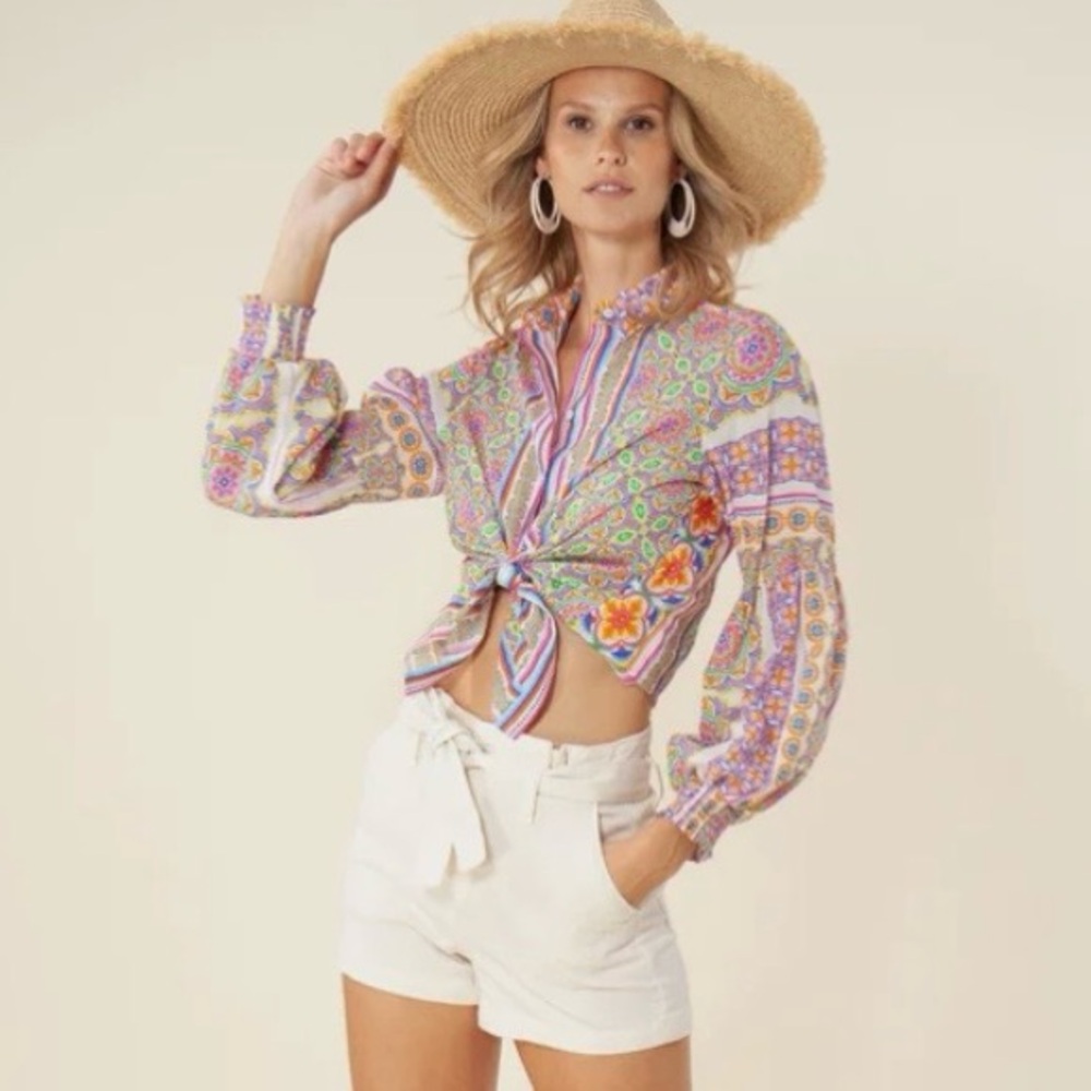Hale Bob Trinia Medallion Print Cotton Button Front Blouse Bishop Sleeves Size S - Picture 2 of 13